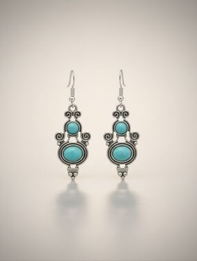 Silver Toned Turquoise Drop Earrings - Blue